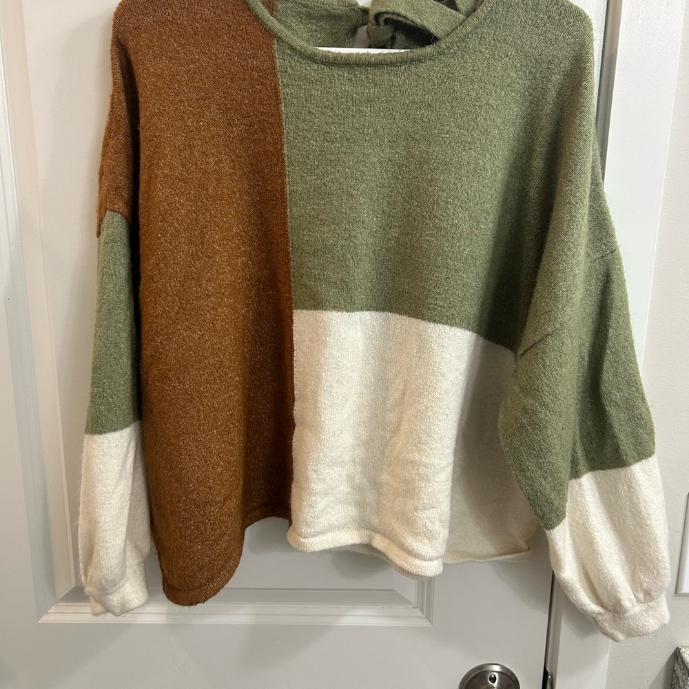 Color Block Sweater - Green, Brown, and White